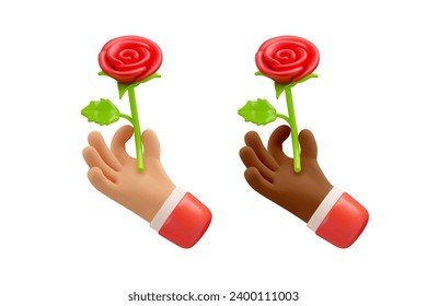 Vector 3d mano con iconos rojos de rosa. Flor en los dedos del brazo de dibujos animados estilizada ilustración, aislada en fondo blanco. Feliz Día de la Madre o concepto del Día de la Mujer. Elemento de diseño de San Valentín