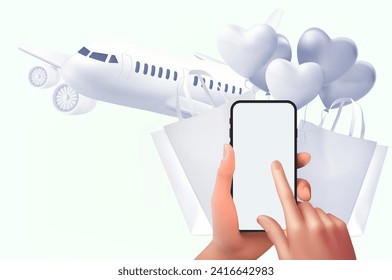 Vector 3D mano sujetando el smartphone con pantalla blanca aislada y tocando la plantilla de parodia del teléfono en segundo plano. ... Comunicación por Internet, marketing por correo electrónico, servicio de aplicaciones para móvil de correo