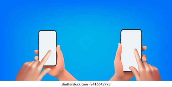 Vector 3D hand holding smartphone with white blank screen isolated and touching phone mockup template on background.