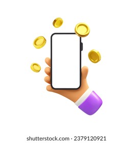 Vector 3d hand with phone and gold coins. Businessman arm holding smartphone mockup. Cashback icon isolated on white background
