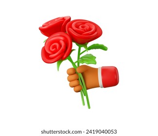 Vector 3d hand with rose bouquet icon. Red bunch of flowers in cartoon stylized palm illustration, isolated on white background. Happy mothers day or Women day concept. Romance emoji