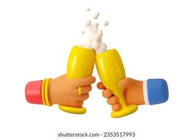 Vector 3d hands of couple with champagne in drinking glass. Cartoon render illustration isolated on white background, Christmas celebration icon