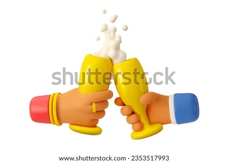 Vector 3d hands of couple with champagne in drinking glass. Cartoon render illustration isolated on white background, Christmas celebration icon