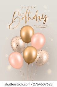 Vector 3d Happy Birthday Greeting Card with Realistic Balloons. Poster with Gold and Blush Pink Helium Balloon Bouquet. Elegant Party Invitation Design. Celebration Background, Vector Illustration