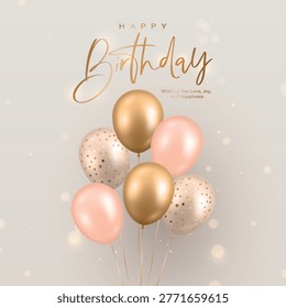 Vector 3d Happy Birthday Greeting Card with Realistic Balloons. Poster with Gold and Blush Pink Helium Balloon Bouquet. Elegant Party Invitation. Celebration Square Background, Vector Illustration
