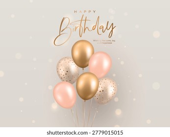 Vector 3d Happy Birthday Greeting Card with Realistic Balloons. Poster with Gold and Blush Pink Helium Balloon Bouquet. Elegant Party Invitation. Celebration Background, Vector Illustration