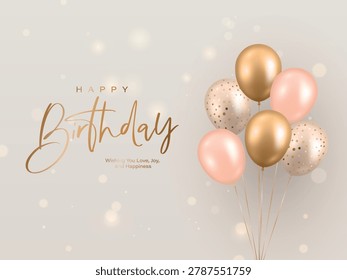Vector 3d Happy Birthday Greeting Card with Realistic Balloons. Poster with Gold and Blush Pink Helium Balloon Bouquet. Elegant Party Invitation. Celebration Background, Vector Illustration