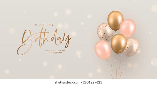Vector 3d Happy Birthday Greeting Card with Realistic Balloons. Poster with Gold and Blush Pink Helium Balloon Bouquet. Elegant Party Invitation. Celebration Background, Vector Illustration
