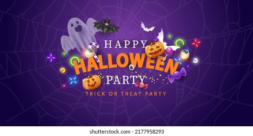 Vector 3d Happy Halloween template, banner for advertising design, Greeting cards for the holiday. Realistic pumpkins with a hat, a ghost,