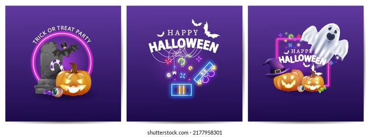 Vector 3d Happy Halloween template,a set of three different banners for design.