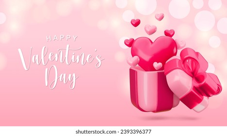 Vector 3d Happy Valentines Day Love banner template. Cute cartoon gift box concept. Realistic 3d render pink open present with red ribbon and flying out hearts balloons on shiny bokeh pink background.