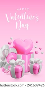 Vector 3d Happy Valentines Day vertical banner template. Cute cartoon love gift box concept. Realistic 3d render pink open present with silver ribbon and hearts pink background for greeting, advert