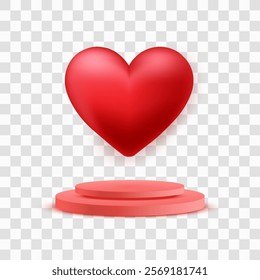 Vector 3D heart on the podium, Valentines day love symbol. Cute love heart isolated on png. Realistic romantic emoji. Valentines day vector illustration