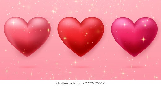 Vector 3d hearts background. Cute love banner. Lights and sparkles. Valentine hearts concept design. Happy Women's, Mother's, Valentine's Day. Transparent background.