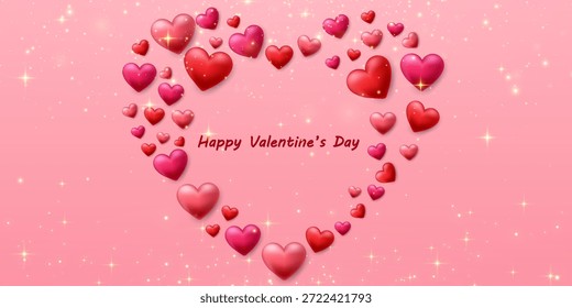 Vector 3d corazones de fondo. Lindo Anuncio de amor. Luces y destellos. Diseño de concepto de corazones de San Valentín. Feliz Día de la Mujer, de la Madre, de San Valentín. Fondo transparente.