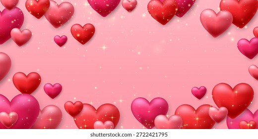 Fundo de corações 3d vetoriais. Bela faixa de amor. Luzes e brilhos. Design de conceito de corações dos namorados. Feliz Dia das Mulheres, das Mães, dos Namorados. Fundo transparente.