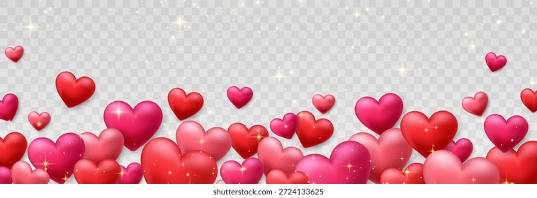 Fundo de corações 3d vetoriais. Bela faixa de amor. Luzes e brilhos. Design de conceito de corações dos namorados. Feliz Dia das Mulheres, das Mães, dos Namorados. Fundo transparente.