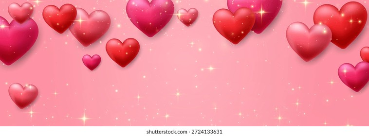 Vector 3d corazones de fondo. Lindo Anuncio de amor. Luces y destellos. Diseño de concepto de corazones de San Valentín. Feliz Día de la Mujer, de la Madre, de San Valentín. Fondo transparente.