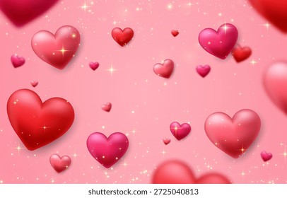 Fundo de corações 3d vetoriais. Bela faixa de amor. Luzes e brilhos. Design de conceito de corações dos namorados. Feliz Dia das Mulheres, das Mães, dos Namorados. Fundo transparente.