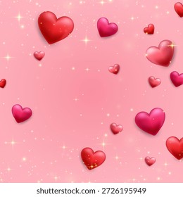 Vector 3d corazones de fondo. Lindo Anuncio de amor. Luces y destellos. Diseño de concepto de corazones de San Valentín. Feliz Día de la Mujer, de la Madre, de San Valentín. Fondo transparente.