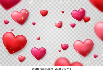 Vector 3D corazones de fondo png. Lindo Anuncio de amor. Luces y destellos. Diseño de concepto de corazones de San Valentín. Feliz Día de la Mujer, de la Madre, de San Valentín. Fondo transparente.