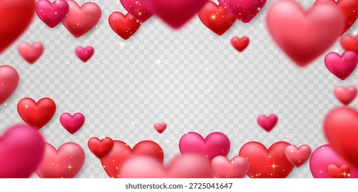 Vector 3D corazones de fondo png. Lindo Anuncio de amor. Luces y destellos. Diseño de concepto de corazones de San Valentín. Feliz Día de la Mujer, de la Madre, de San Valentín. Fondo transparente.