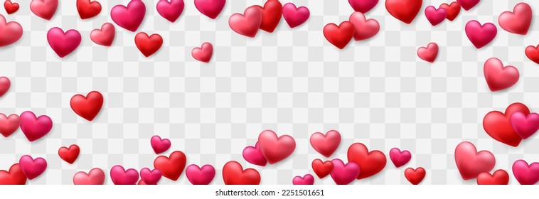 Vector 3d hearts design decorated on png background. Love symbol for Happy Women's, Mother's, Valentine's Day and birthday celebration. Red and pink hearts isolated on transparent background.