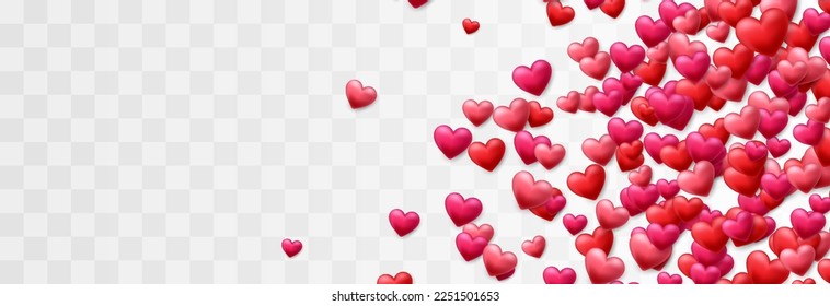 Vector 3d hearts design decorated on png background. Love symbol for Happy Women's, Mother's, Valentine's Day and birthday celebration. Red and pink hearts isolated on transparent background.