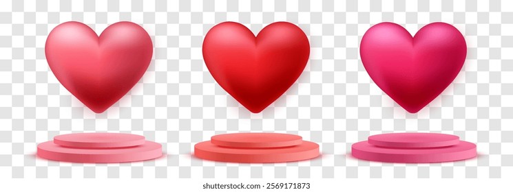 Vector 3D hearts on the podium, Valentines day love symbol. Cute love hearts isolated on png. Realistic romantic emoji. Valentines day vector illustration