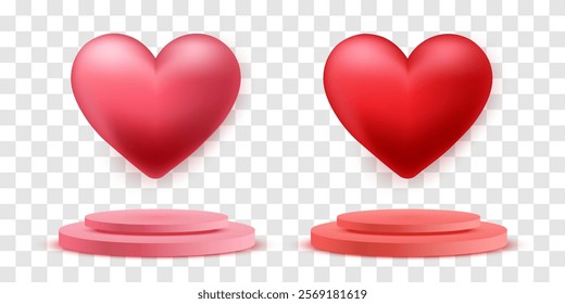Vector 3D hearts on the podium, Valentines day love symbol. Cute love hearts isolated on png. Realistic romantic emoji. Valentines day vector illustration