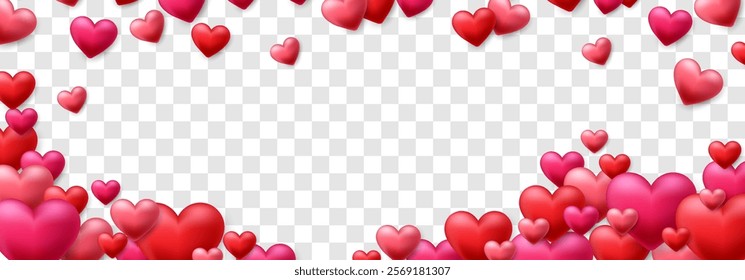 Vector 3D hearts, Valentines day love symbol. Flying cute love hearts isolated on png. Realistic romantic emoji. Valentines day vector illustration