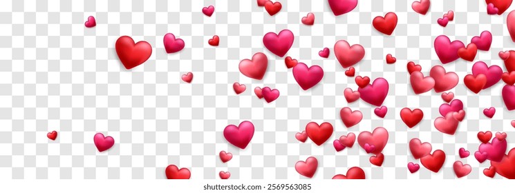 Vector 3D hearts, Valentines day love symbol. Flying cute love hearts isolated on png. Realistic romantic emoji. Valentines day vector illustration