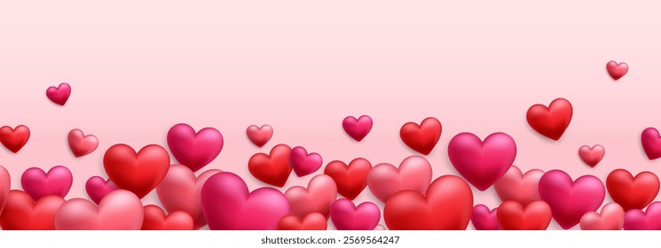 Vector 3D hearts, Valentines day love symbol. Flying cute love hearts. Realistic romantic emoji. Valentines day vector illustration