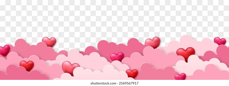 Vector 3D hearts, Valentines day love symbol. Cute love hearts. on clouds. Realistic romantic emoji. Valentines day vector illustration isolated on png