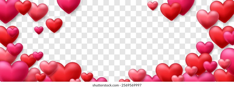 Vector 3D hearts, Valentines day love symbol. Flying cute love hearts isolated on png. Realistic romantic emoji. Valentines day vector illustration