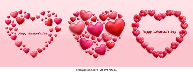 Vector 3D hearts, Valentines day love symbol. Cute love hearts. Realistic romantic emoji. Valentines day vector illustration