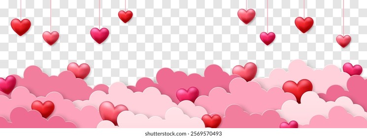 Vector 3D hearts, Valentines day love symbol. Cute love hearts. on clouds. Realistic romantic emoji. Valentines day vector illustration isolated on png