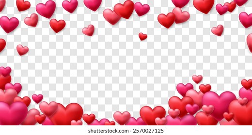 Vector 3D hearts, Valentines day love symbol. Flying cute love hearts isolated on png. Realistic romantic emoji. Valentines day vector illustration