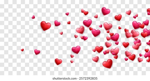 Vector 3D hearts, Valentines day love symbol. Flying cute love hearts isolated on png. Realistic romantic emoji. Valentines day vector illustration