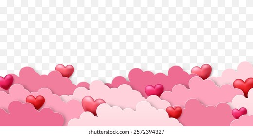 Vector 3D hearts, Valentines day love symbol. Cute love hearts. on clouds. Realistic romantic emoji. Valentines day vector illustration isolated on png