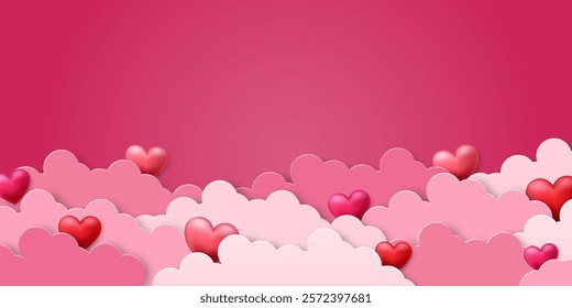 Vector 3D hearts, Valentines day love symbol. Cute love hearts. on clouds. Realistic romantic emoji. Valentines day vector illustration