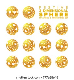 Vector 3d heartshaped golden and white ball rotations and projections set