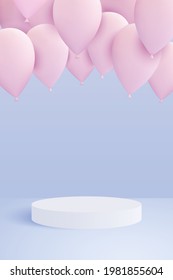 Vector 3d fondo de vacaciones con globos y plataforma para su producto.