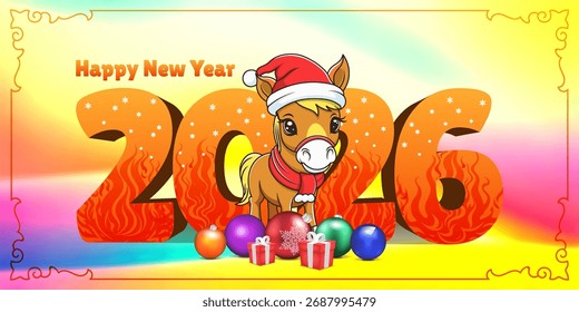 Vector 3D cartel de vacaciones. 2026 es el año del caballo de fuego. Felices Navidades y Feliz Año Nuevo. Divertido pequeño pony de tono naranja lindo con sombrero de Santa y bufanda roja. Bolas de cristal de colores y cajas de regalo