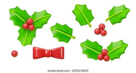 Hojas de vectores 3d. Hojas de mistletoe de plástico brillante y berry con arco rojo, aislado en fondo blanco. Elementos decorativos de Año Nuevo