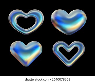 Vector 3d hologram heart set. Glowing metallic y2k figure collection. Abstract trendy stickers, glossy love emoji