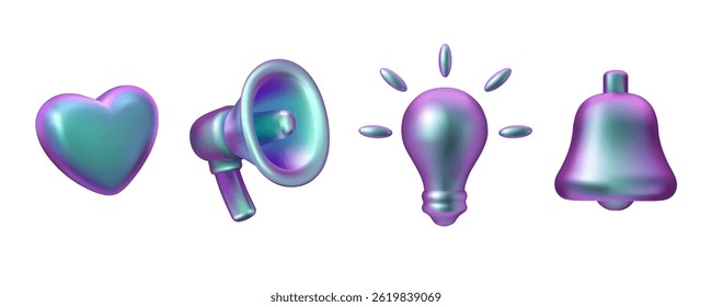 Vector 3d holographic emoji set. Heart, megaphone, light bulb and bell icon set with metallic iridescent effect. Social media design elements