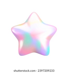 Icono de estrella holográfica vectorial 3d sobre fondo blanco. Representación 3d de dibujos animados realistas, elemento de decoración metálica holográfica brillante, estrella de gradiente arcoiris para decoración, web, diseño de juegos, aplicación.