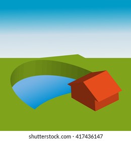 vector 3D house on green with lake