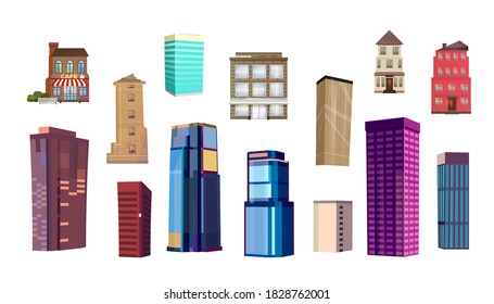 Casas vectoriales 3d, edificios, rascacielos y muchos otros elementos de diseño necesarios para diseñadores creativos. Arquitectura colorida elementos de diseño y objeto de colección de negocios. Constructi reflejado aislado